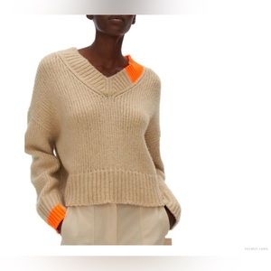 Helmut Lang camel v-neck sweater in winter white. Medium.